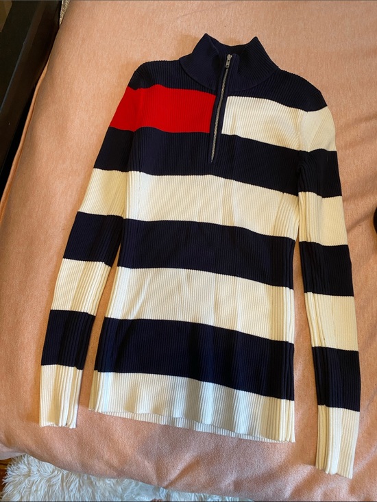 Tommy Hilfiger Tops - NWOT Tommy Hilfiger Navy, White & Red Striped Zip-Front Sweater
